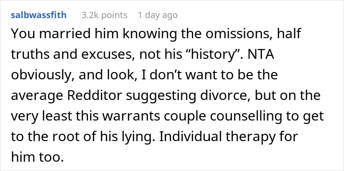 Screenshot of a Reddit comment discussing the impact of lying on future child’s health and relationship counseling advice. Screenshot of a Reddit comment discussing the impact of lying on future child’s health and relationship counseling advice.