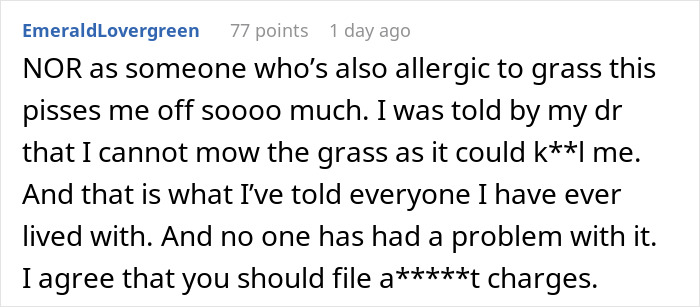 Comment from a user upset about grass allergy risks, discussing personal experience and suggesting legal action.