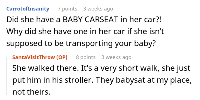 Screenshot of an online discussion about a step-grandma sneaking a baby to see Santa while babysitting.