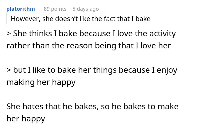 Text conversation discussing a woman ending a relationship due to boyfriend's passion for baking and pastries.