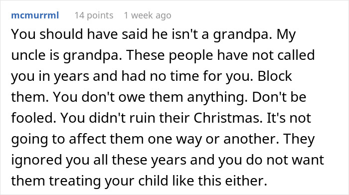 Screenshot of an online comment advising a 23-year-old new mom about family conflict over keeping her baby a secret.