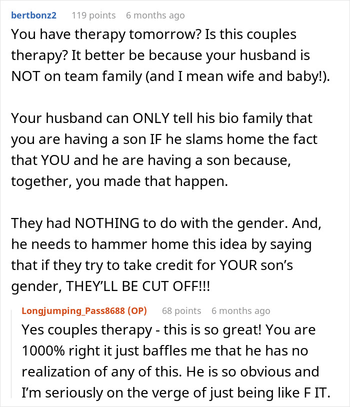 Reddit comment discussing a husband not standing up to his mother and relationship struggles in couples therapy.