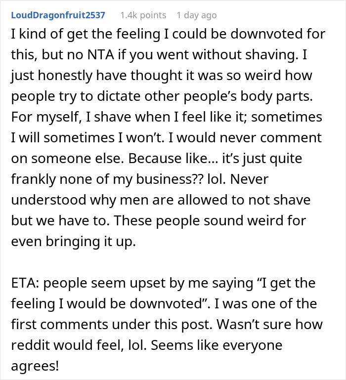 Reddit comment discussing discomfort caused by guests over a woman&rsquo;s hairy armpits at a wedding.