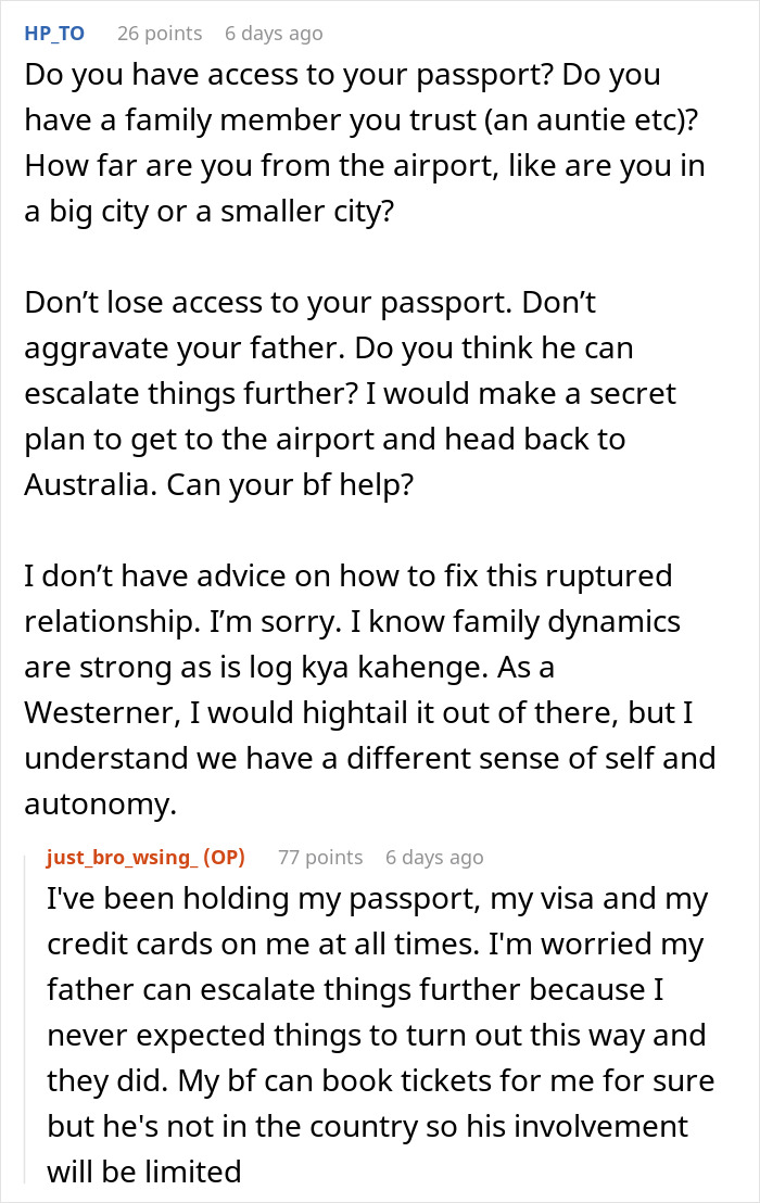 Text conversation discussing being held hostage at parents&rsquo; place, concerns about passport and family conflict.