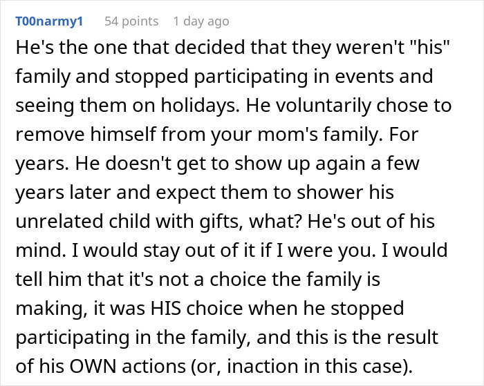Reddit comment discussing dad cutting off late wife&rsquo;s family and demanding acceptance of his new baby years later.