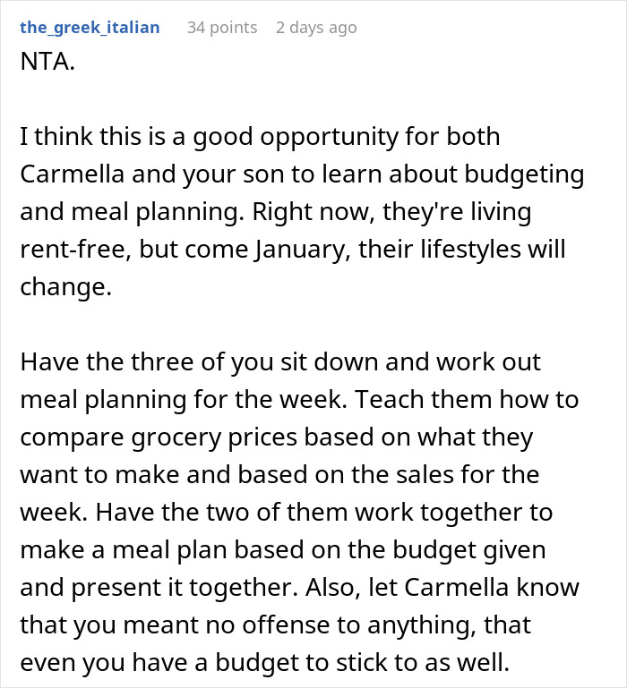 Comment discussing mom accused of embarrassing son&rsquo;s girlfriend who offered to cook meals, focusing on budgeting advice.