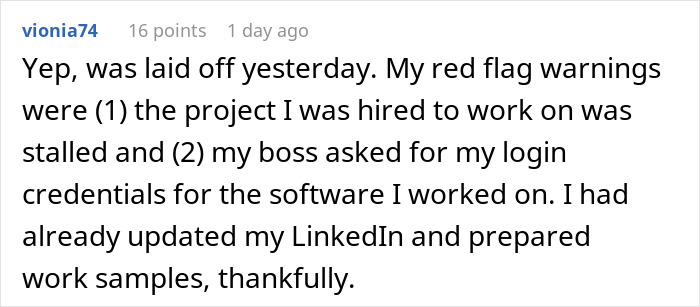 User comment sharing red flags indicating job insecurity, highlighting subtle signs of an unsafe job situation. User comment sharing red flags indicating job insecurity, highlighting subtle signs of an unsafe job situation.