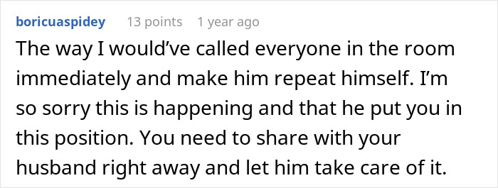 Screenshot of a Reddit comment expressing sympathy and advice after a woman&rsquo;s shock over FIL&rsquo;s unexpected love confession.