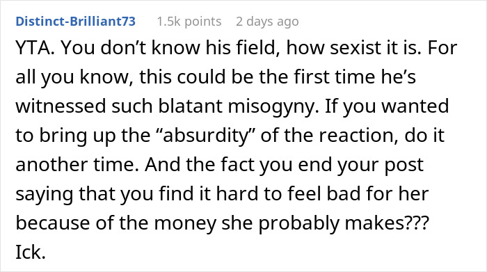 Screenshot of a Reddit comment discussing a boyfriend in tears over misogyny faced by a female colleague and a jealous girlfriend's discomfort.