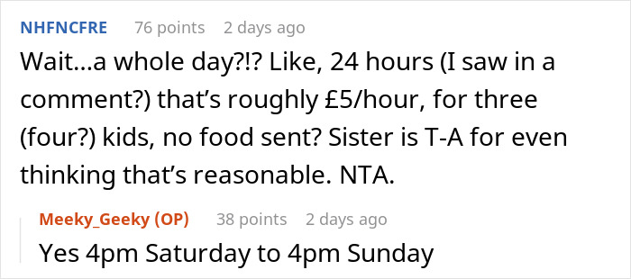 Screenshot of a Reddit discussion about a lady expecting her sister to babysit 4 kids for free using the family card.