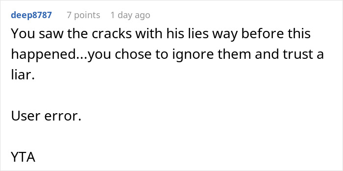 Comment criticizing trust in husband after exposing his lie risking their future child’s health in an online discussion. Comment criticizing trust in husband after exposing his lie risking their future child’s health in an online discussion.