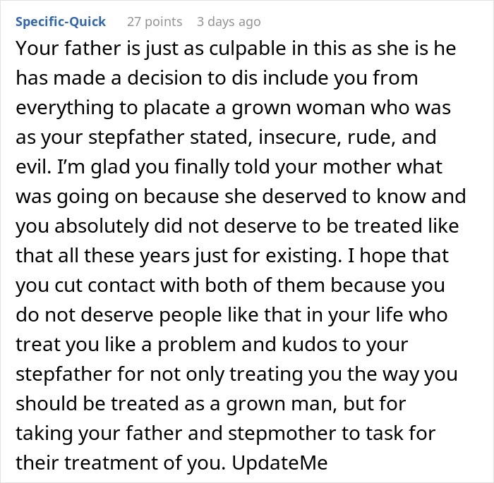 Comment discussing a teen confronting insecurity and true colors of a stepmother in a family conflict.