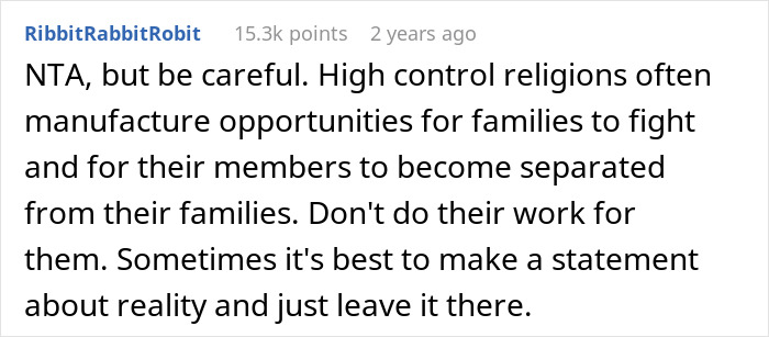 Comment warning about Jehovah's Witness family dynamics and challenges around celebrating events under new names.