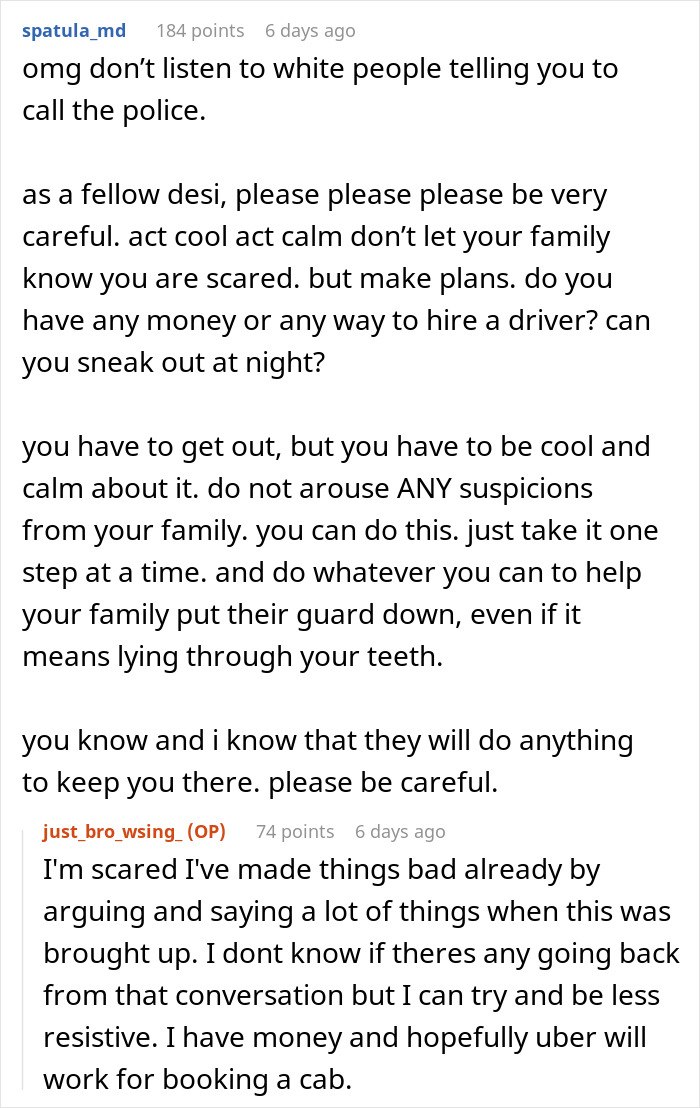 Reddit advice thread discussing being held hostage at parents&rsquo; place with tips on staying calm and planning an escape.