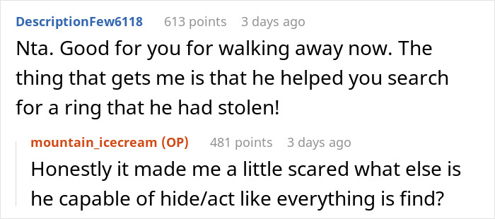 Two users discuss a breaking up ultimatum over ring, expressing concerns about trust and stolen jewelry.