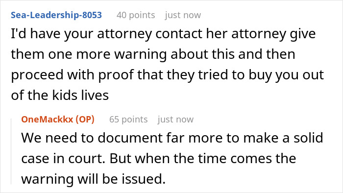 Comments discussing legal advice on kids custody relationship issues with a mention of documenting and issuing a warning.