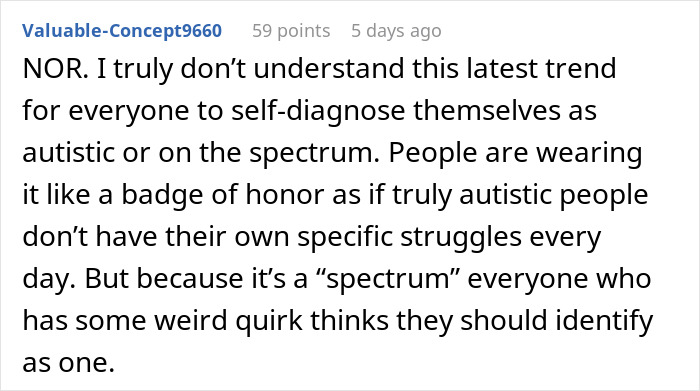 Text post discussing frustration over trend of self-diagnosed autism and excusing behavior with autism claims.