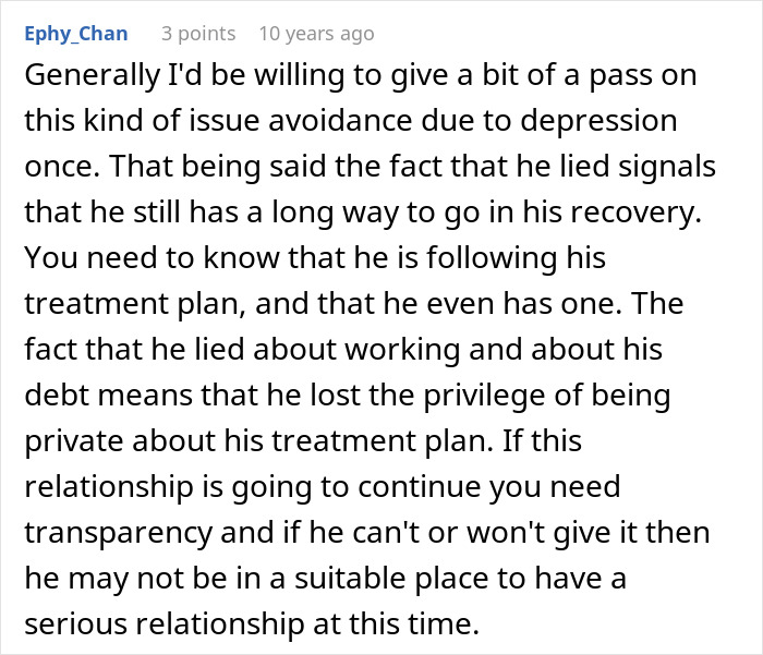 Comment discussing a woman discovering her boyfriend built their relationship on lies and his fear of losing her.