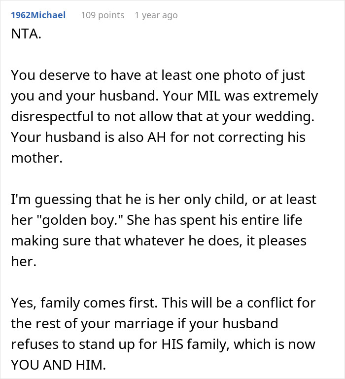 Comment on MIL deciding on a white dress for son's wedding and bride's reaction to photo exclusion.
