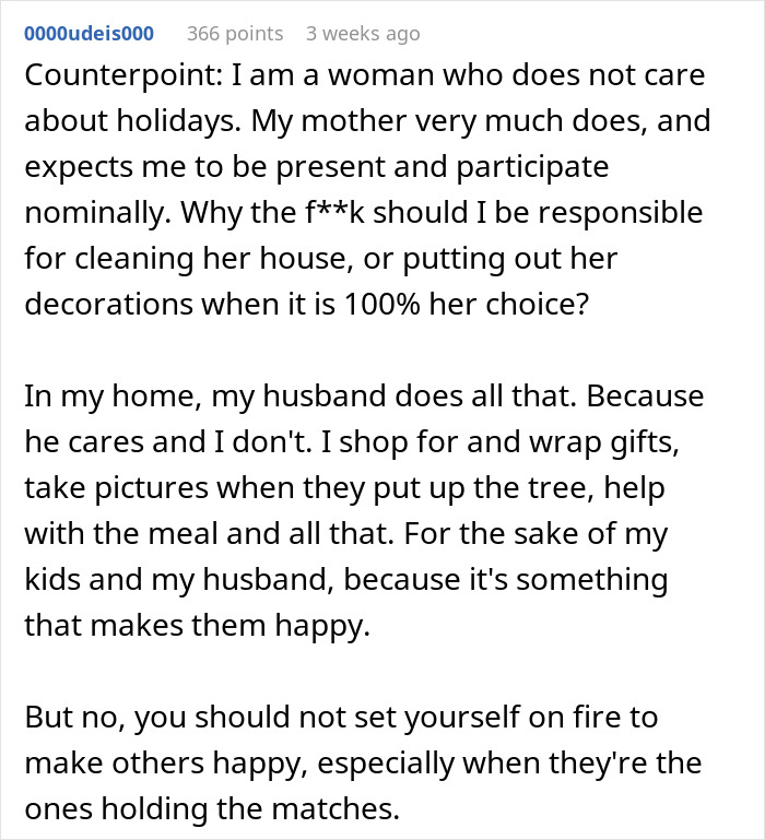Woman discusses feminism and holiday labor imbalance, criticizing adults who leave moms to do all the Christmas work.