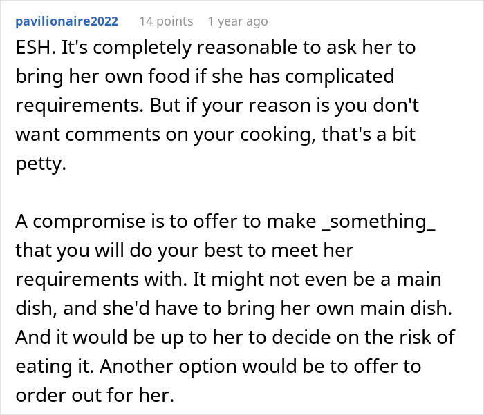 Reddit comment discussing family expectations and compromises around food allergies and catering to specific dietary needs.