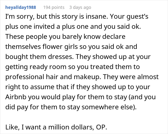 Text post describing an uninvited wedding guest treating the night like a sleepover before being kicked out by bride and groom.