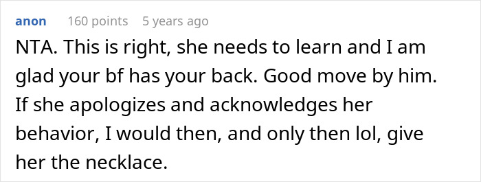 Screenshot of an online comment discussing a 13-year-old's conflict with dad's girlfriend over rude behavior and a refused gift.