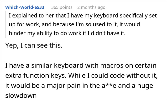 Text conversation discussing the importance of a specific keyboard setup and the impact of using a spare keyboard.