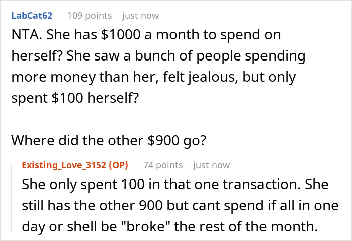 Reddit discussion about SAHM feeling poor despite receiving 1000 dollars monthly fun money from husband.