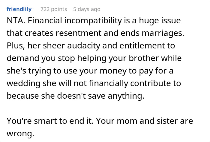 Comment discussing financial incompatibility and resentment leading to a groom ending relationship over wedding debt demands. Comment discussing financial incompatibility and resentment leading to a groom ending relationship over wedding debt demands.
