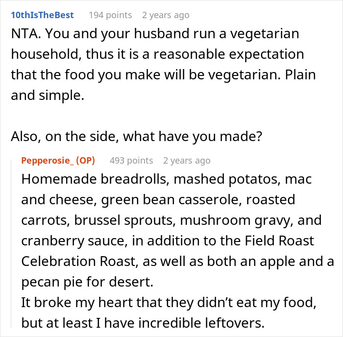 Reddit conversation about a vegetarian host preparing a Christmas meal without ham, causing family to react strongly.