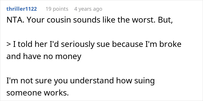 Screenshot of a discussion about a man demanding cousin pay for his cruel prank and the aunt&rsquo;s surprising reaction.