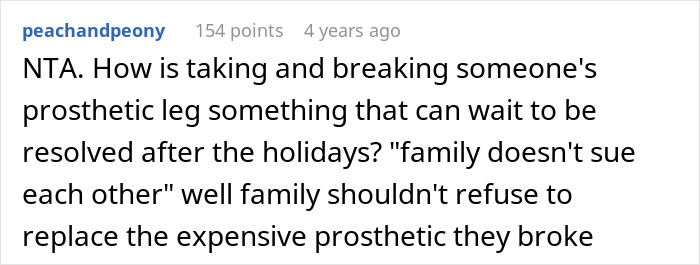 Reddit comment discussing a man demanding his cousin pay for a cruel prank and the surprising aunt&rsquo;s reaction.