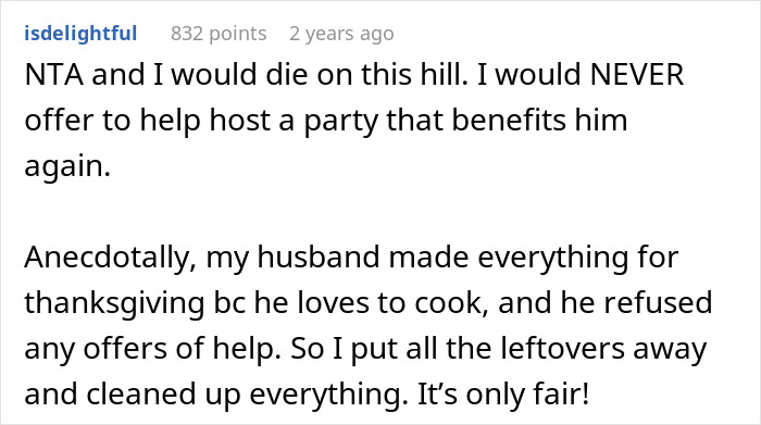 Screenshot of a Reddit comment discussing a husband backing out of a deal to help clean up after Thanksgiving meal.