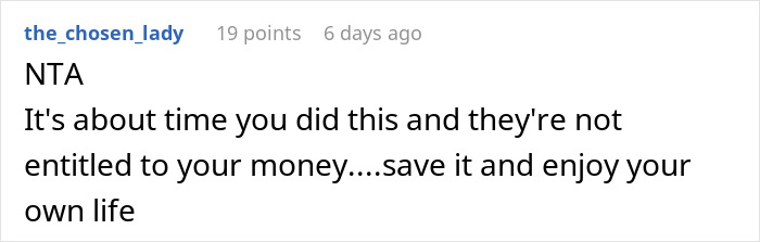 Reddit comment: NTA, save your money and enjoy your life - brother money wife family conflict