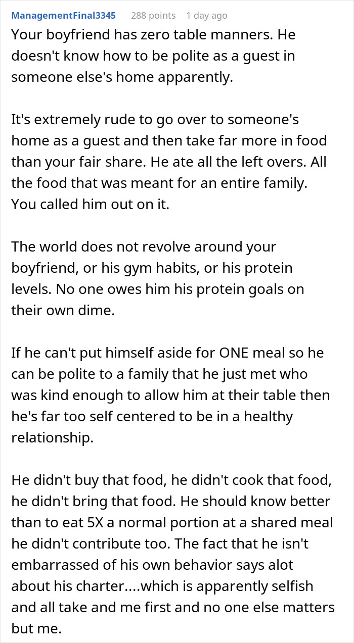 Comment criticizing guy&rsquo;s hunger and table manners, mentioning girlfriend's embarrassment in front of family.