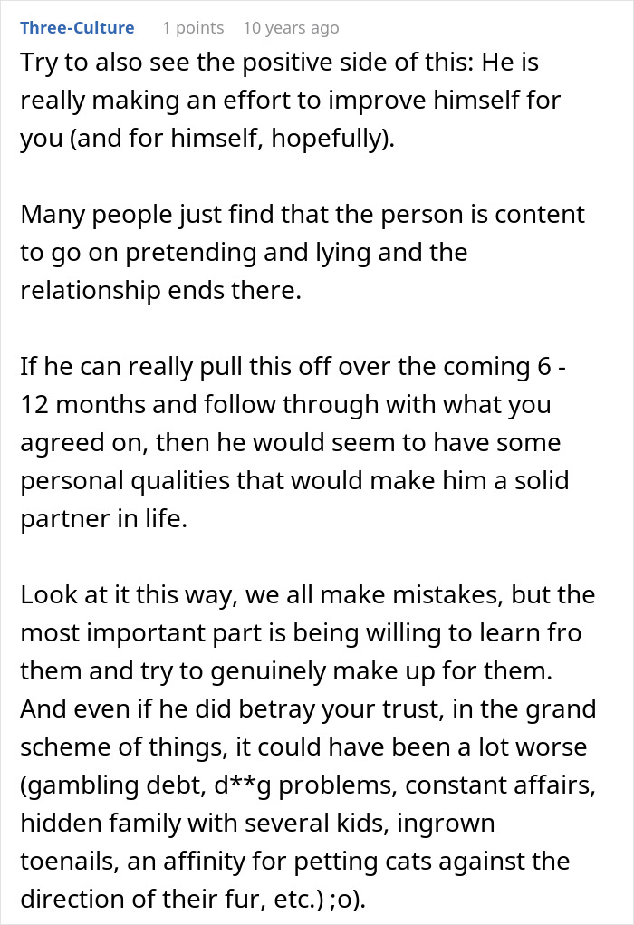 Comment discussing a woman discovering her boyfriend built their relationship on lies and his fear of losing her.