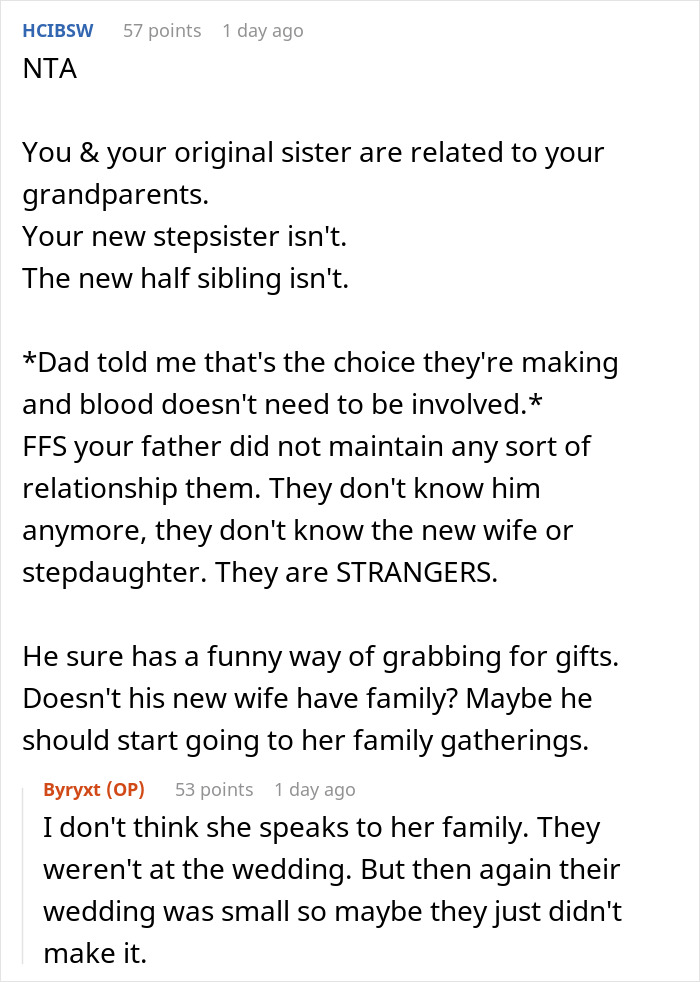 Screenshot of an online discussion about a dad cutting off late wife&rsquo;s family and teen calling him out on new baby demands.