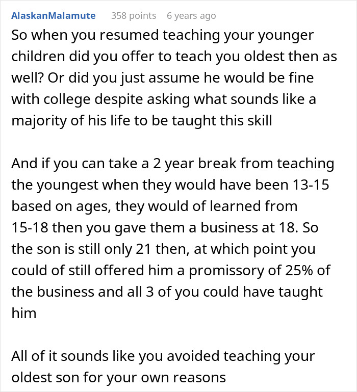Screenshot of a Reddit comment discussing a man upset his dad didn’t pass on craft skills while half-brothers start a business. Screenshot of a Reddit comment discussing a man upset his dad didn’t pass on craft skills while half-brothers start a business.
