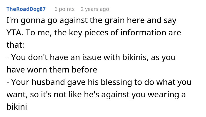Screenshot of a forum comment discussing a Muslim daughter-in-law refusing to wear a bikini to a bridal party.