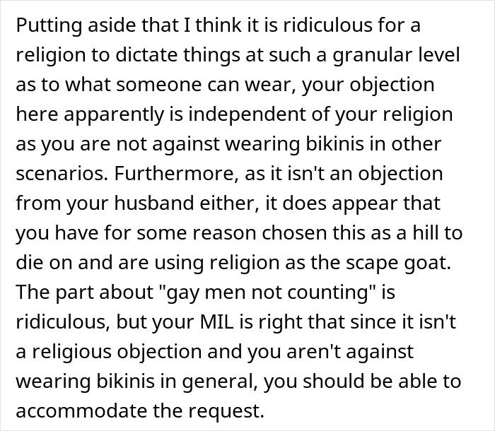 Text excerpt discussing family conflict over Muslim daughter-in-law refusing to wear bikini at bridal party, citing religion.