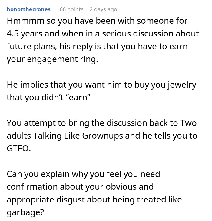 Text message about man telling girlfriend she must earn engagement ring after 4.5 years, causing drama and relationship conflict. Text message about man telling girlfriend she must earn engagement ring after 4.5 years, causing drama and relationship conflict.