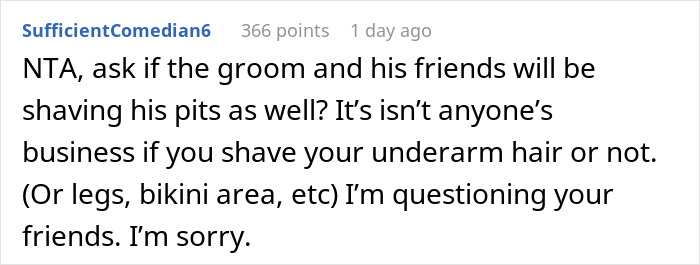 Screenshot of a Reddit comment discussing guests&rsquo; reactions to a woman&rsquo;s hairy armpits at a wedding.