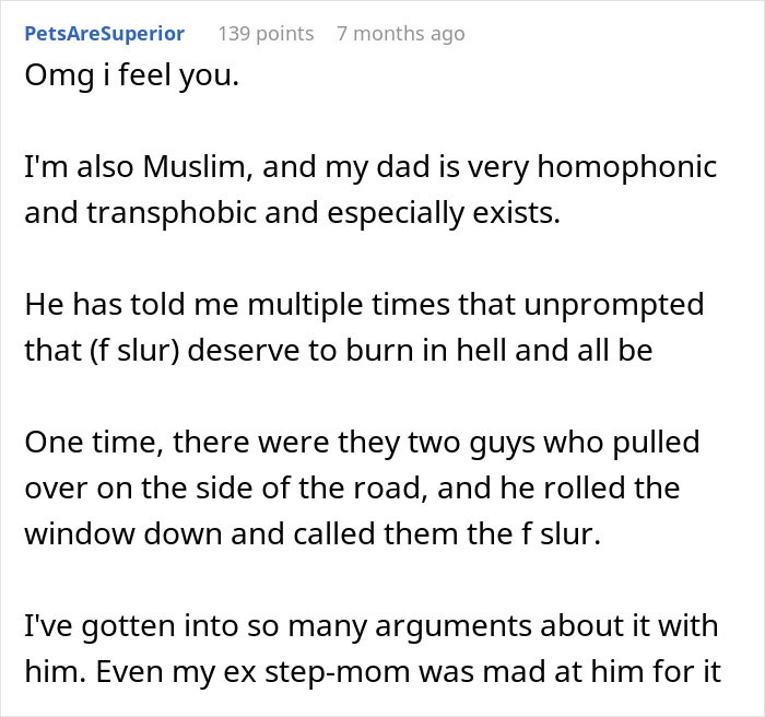 Comment discussing experiences with homophobic parents and secretly gay teen teaching respect in a dark way.