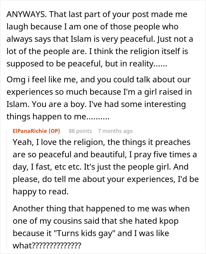 Online text conversation discussing religion and personal experiences, highlighting a secretly gay teen's perspective on respect and identity.