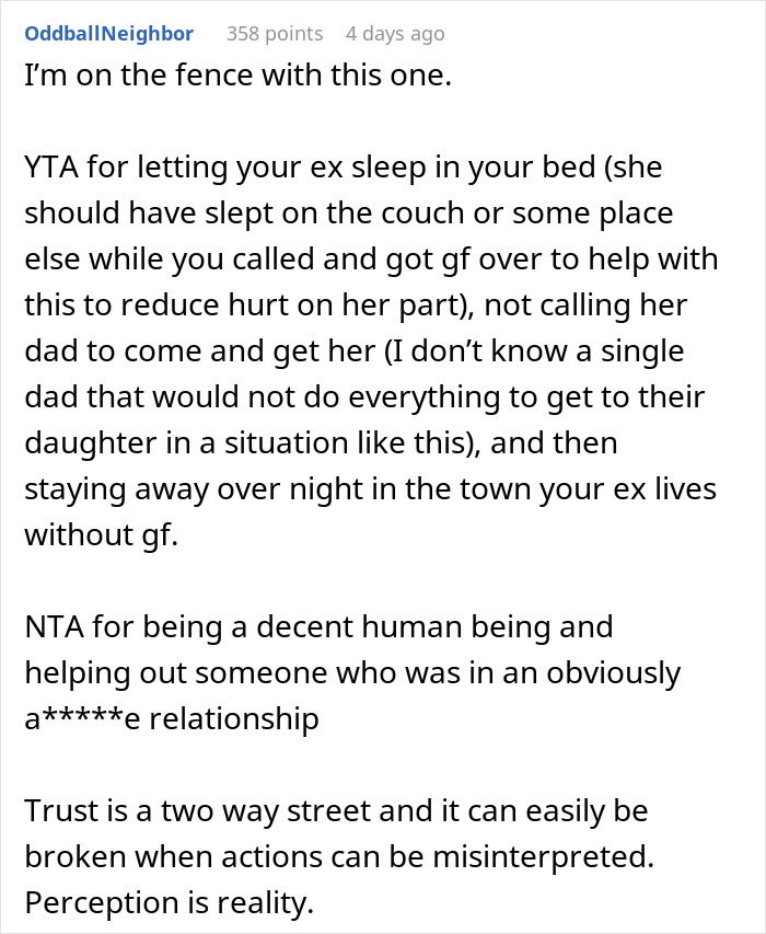 Comment discussing a guy going above and beyond for his ex girlfriend and his current partner feeling upset about it.