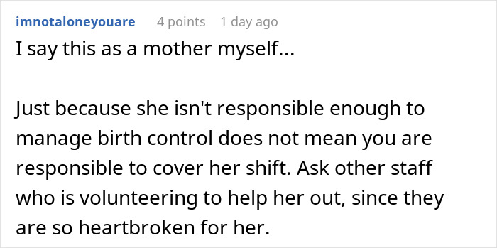 Comment discussing a woman feeling entitled to a day off on Christmas due to having kids, from a mother&rsquo;s perspective.