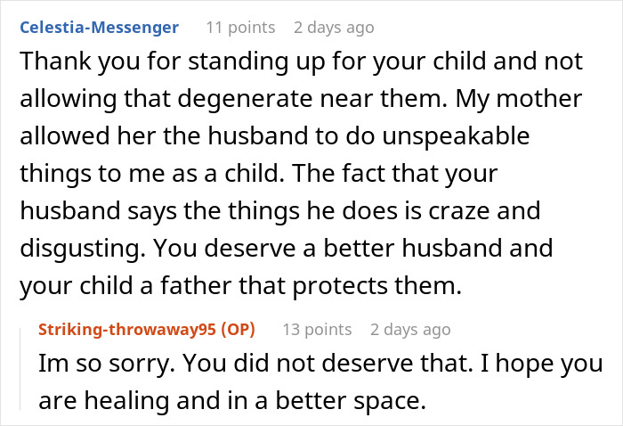 Reddit comment thanking a woman for banning MIL&rsquo;s creepy husband, protecting her child, and addressing marriage struggles.