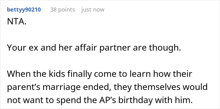 Screenshot of an online comment discussing kids custody and relationship dynamics around a birthday event.