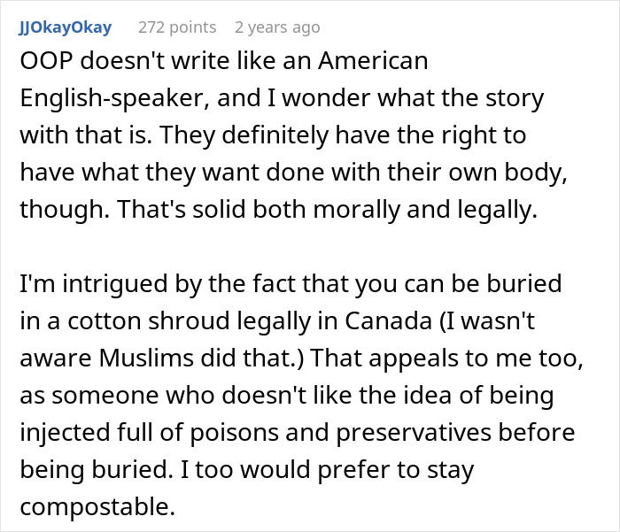 Comment about Guy&rsquo;s whole hometown reacting after he tells family he doesn&rsquo;t want a funeral, discussing burial preferences and legality.